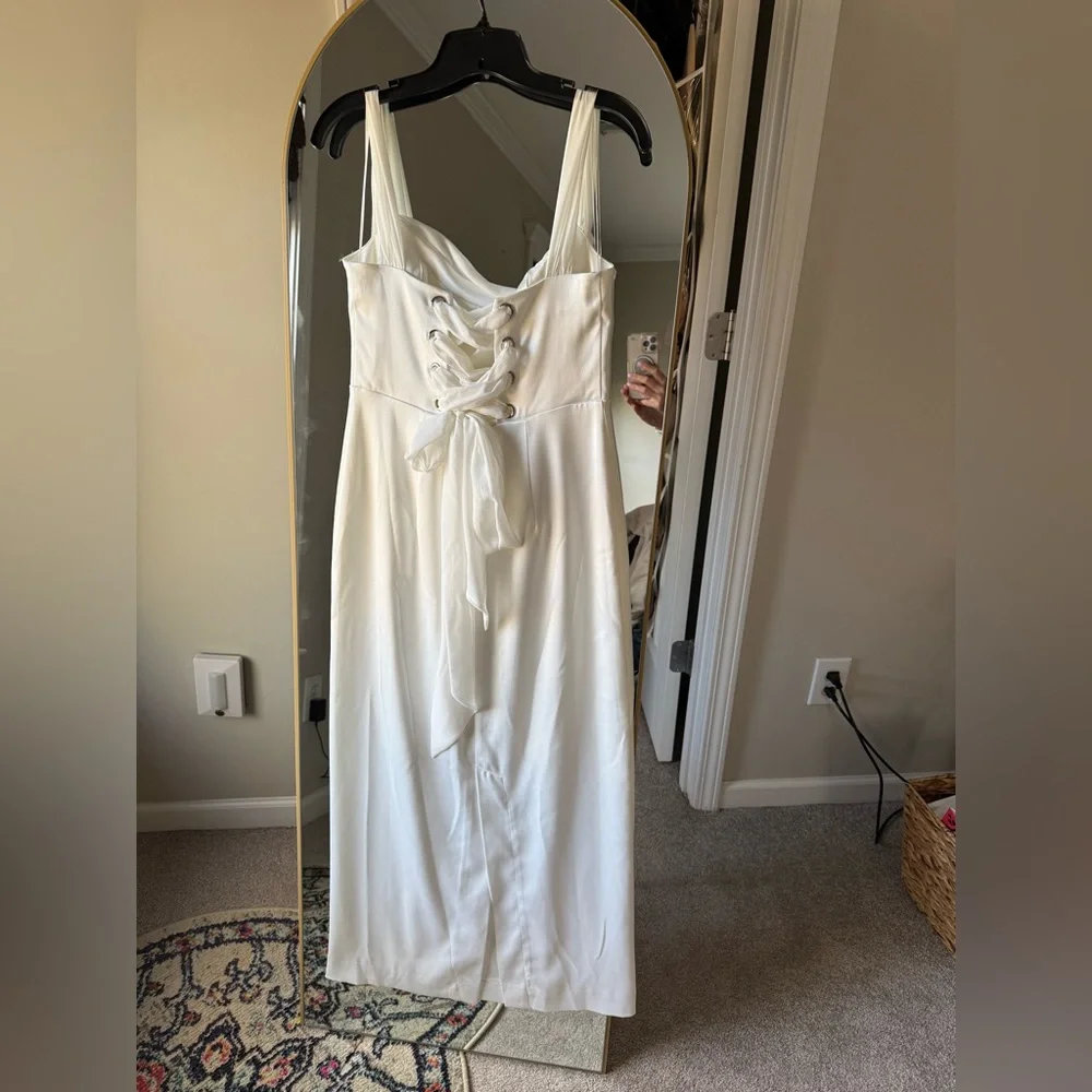NWT BHLDN Off-The-Shoulder Lace-Up Satin Column Midi Dress - Picture 7 of 8